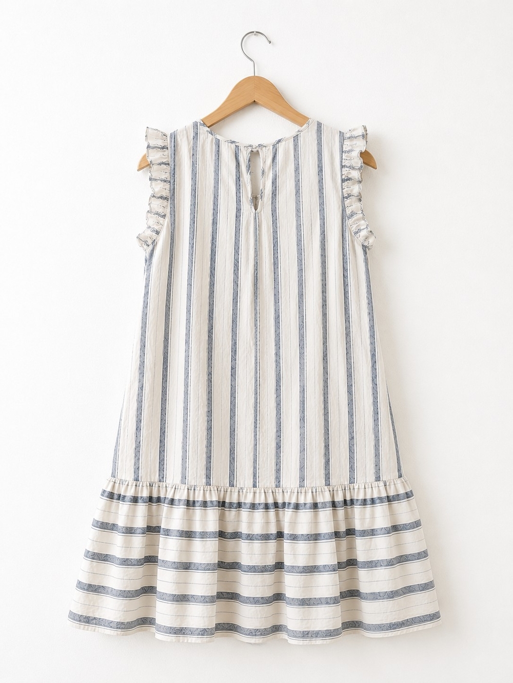 Linen Blend Coastal Stripe Ruffle Sleeve Midi Dress Blue White Cottagecore - Picture 4 of 4